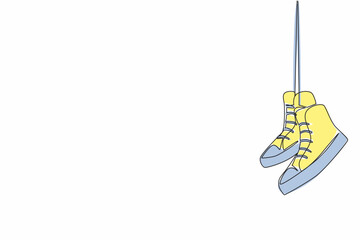 Single continuous line drawing a pair of sneakers hanging. Aired before being placed on the shoe rack. Care. Comfort. National Two Different Colored Shoes Day. One line design vector illustration
