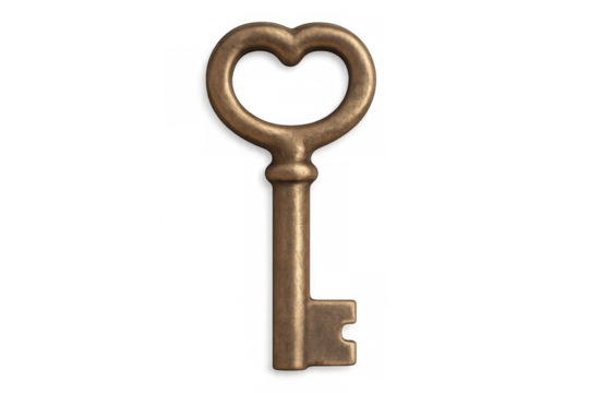 Vintage golden key featuring heart-shaped bow, symbolizing love, security, romance against transparent backdrop - Powered by Adobe