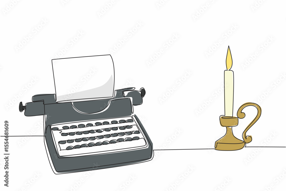 Poster continuous one line drawing a typewriter with paper, and a candle with a stand. a serene atmosphere 