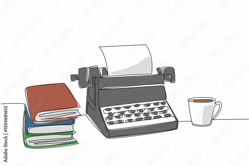Poster single continuous line drawing a typewriter with paper and a mug and a pile of books. books as good 