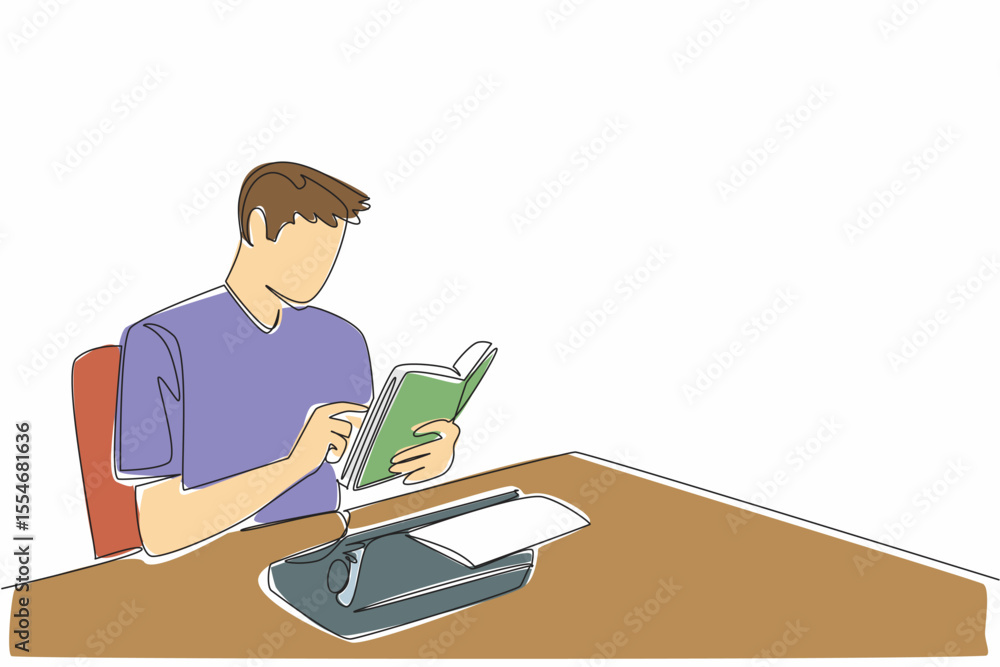Poster single one line drawing man sitting holding a book and there is a typewriter with paper on it. bindi