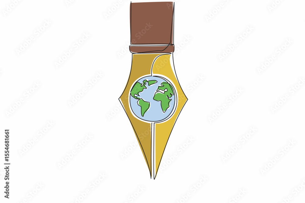 Aufkleber single continuous line drawing the tip of the pen has a globe in the middle. metaphor. writing news 