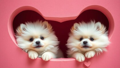 Two fluffy white Pomeranian puppies playfully peeking through a heart-shaped opening,  puppies,  tiny