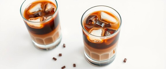 Two glasses of iced coffee with ice cubes and chocolate shavings on a pristine white background,  food photography,  chocolate shavings