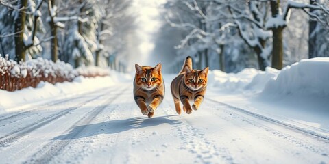 Two playful cats chase across a pristine snowy road, winter landscape, path, snow
