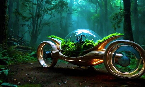 A futuristic, floating motorcycle with a transparent dome and a green plant growing inside. The motorcycle is surrounded by a dense forest with tall trees and bright sunlight filtering through 