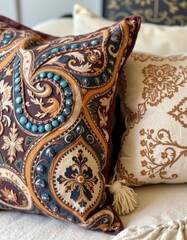 Ornate Brown and Blue Paisley Throw Pillows with Embroidered Details