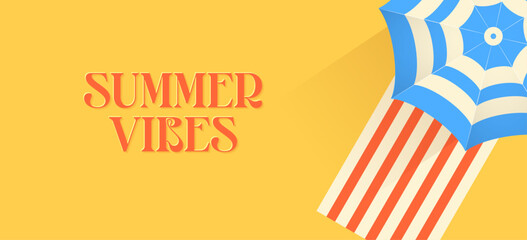 Summer beach concept. Summer holidays design template for promo poster, web banner, social media and mobile apps. Top view background with umbrella and beach towel
