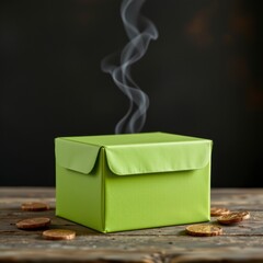 Steaming Green Box with Gold Coins on Rustic Wood