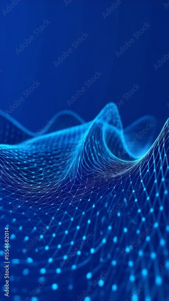 Poster abstract blue waveform data network visualization: interconnected nodes and lines forming smooth, fl