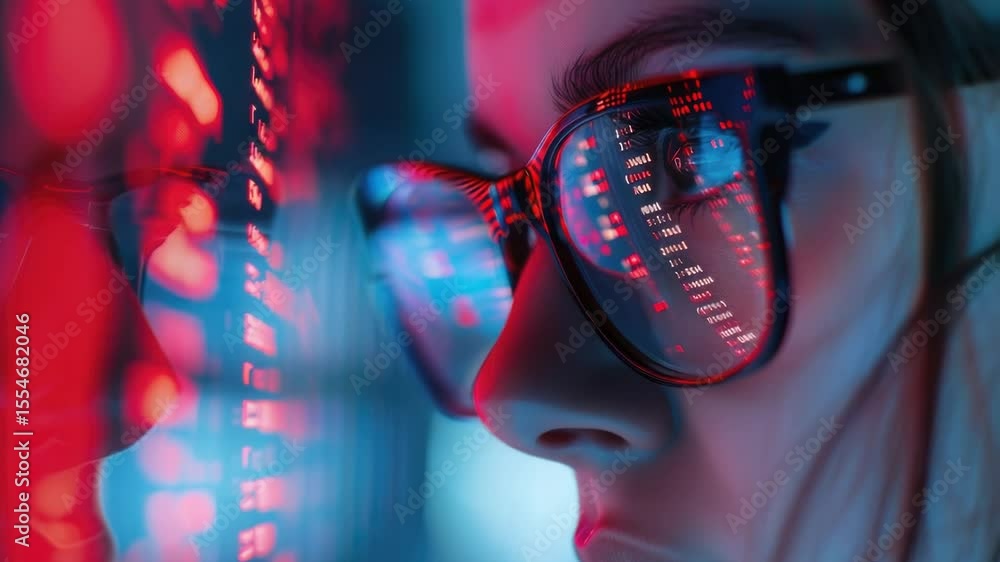 Poster a woman in glasses sits in front of a computer screen, focused on her work