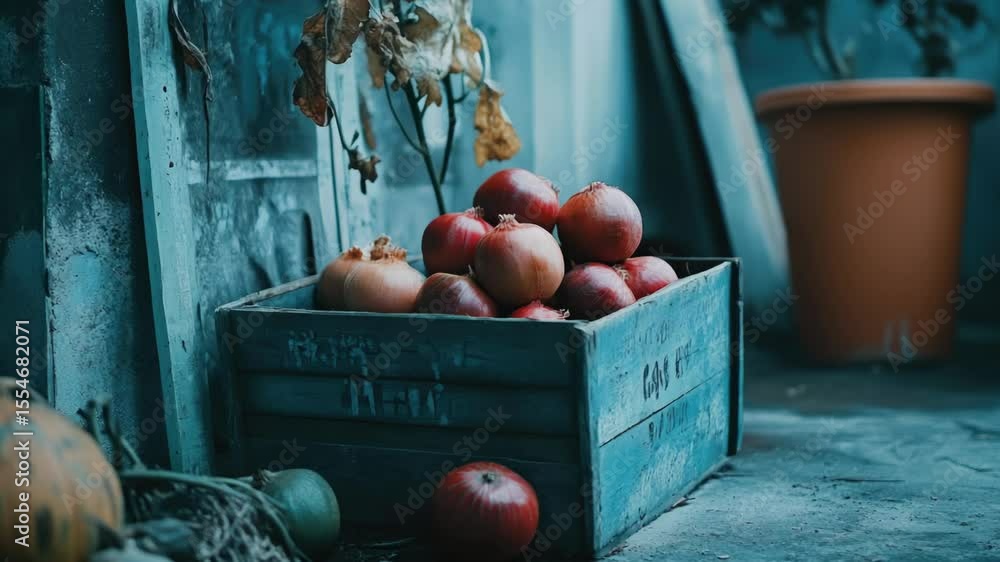 Poster A wooden crate overflowing with juicy red apples, perfect for use in autumn-themed designs or as a symbol of abundance