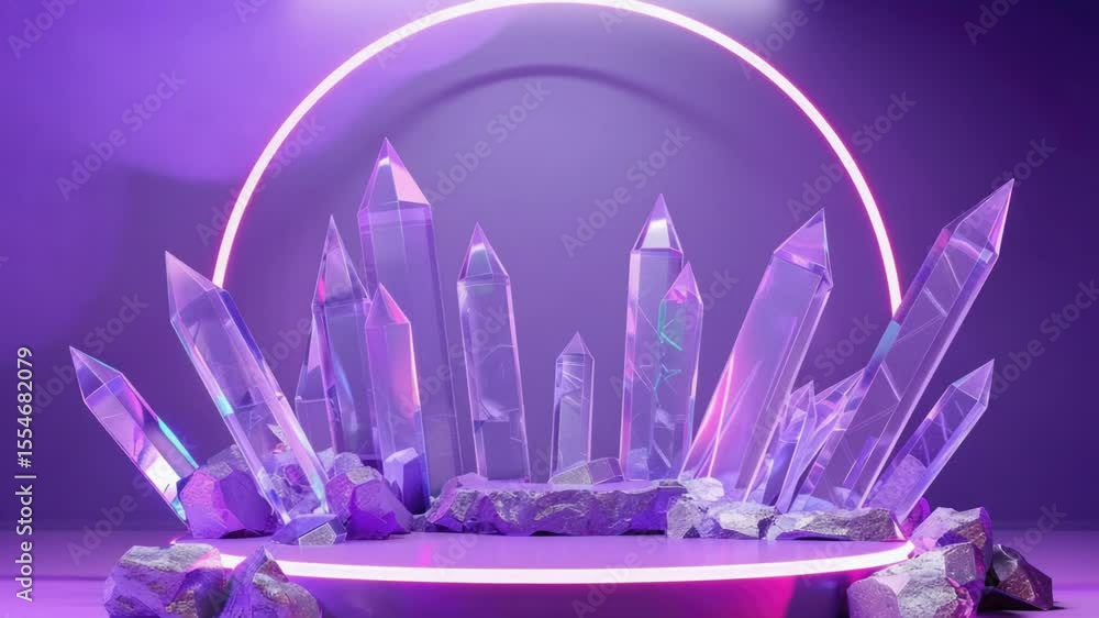 Poster display of crystals surrounded by a neon ring, perfect for highlighting scientific or technological 