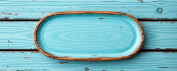 Empty Light Blue Oval Tray on Rustic Blue Wooden Background
