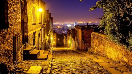Obraz premium Cobblestone street at night, illuminated by warm light.