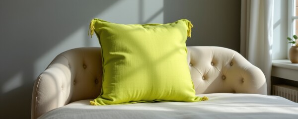 Lime Green Pillow on Off White Tufted Couch in Sunlit Room