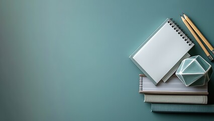 Fototapeta premium Monochromatic Office Supplies in Gray White Green Featuring Negative Space for Text 