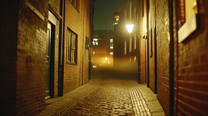 Naklejka premium Cobblestone alleyway at night, lit by lamps.