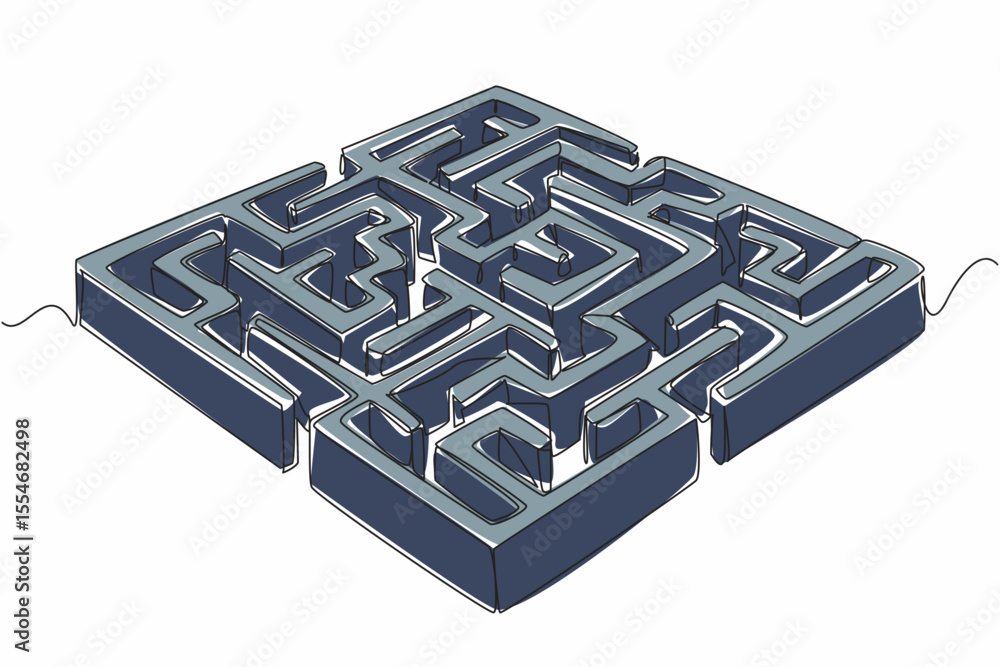 Poster continuous one line drawing wall labyrinth with several entrances and exits. full of twists and turn