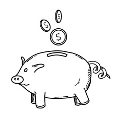 Hand drawn doodle piggy bank savings with falling coins. Money economy comic doodle saving money concept piggy bank doodle