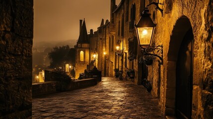 Obraz premium A cobblestone alleyway at night, illuminated by gas lamps.