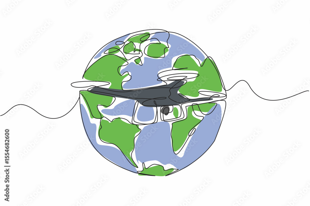 Poster single continuous line drawing drone with globe background. flying to guard the borders between coun