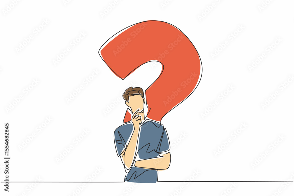 Poster single one line drawing man with thinking gesture with big question mark background. thinking very h