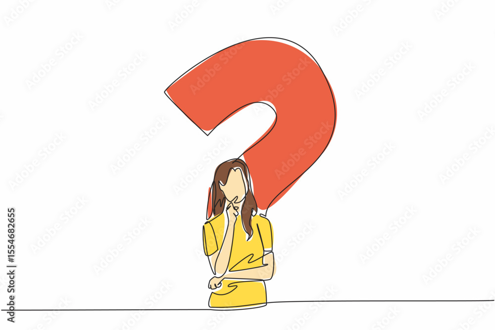 Poster continuous one line drawing woman with thinking gesture with big question mark background. thinking 