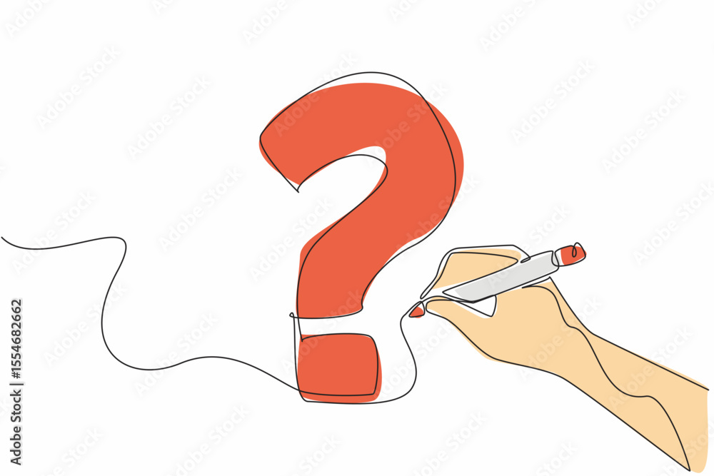 Poster single continuous line drawing hand holds marker forms big question mark from scribbled lines. seeki