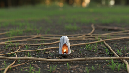 Peaceful candle sculpture on forest floor among tangled tree roots, evoking calm and mindfulness in nature. 