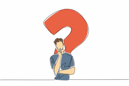 Single one line drawing man with thinking gesture with big question mark background. Thinking very hard to find a solution. Idea. National Day of Reason. Continuous line design graphic illustration - Powered by Adobe