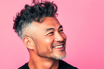 Fototapeta premium Pink solid background. Chic men's fade haircut - midlife asian man with curly hair. Concept art visual design of style for aging men. A proud and confident gentleman standing tall.