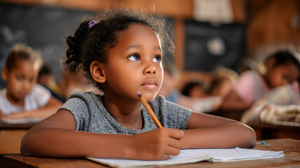 Young girl sits at a school desk daydreaming during class holding a pencil