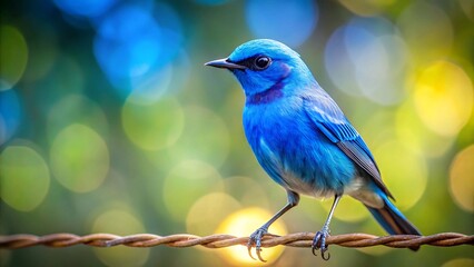 Fototapeta premium Vibrant Blue Bird Perched on Wire, Bokeh Background, Serene Nature Scene, Vivid Colors, Wildlife Photography