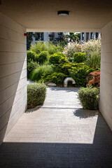 A contemporary covered walkway frames a vibrant urban garden, featuring layered greenery, sculpted bushes, and flowering plants.