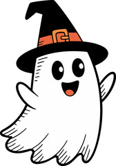 Cute Smiling Ghost in Witch Hat – Halloween Character Illustration