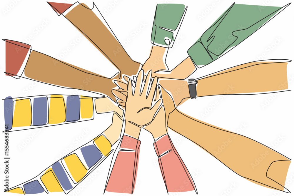 Poster single continuous line drawing 5 pairs of hands with various sleeve models stacked on top of each ot