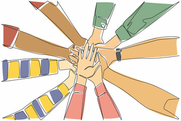Single continuous line drawing 5 pairs of hands with various sleeve models stacked on top of each other. Collaboration between divisions. Colleague. Join Hands Day. One line design vector illustration