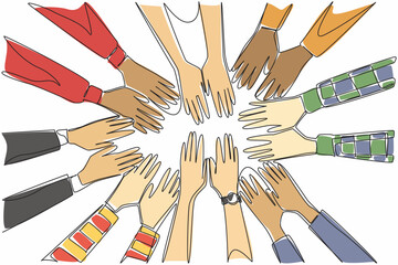 Single continuous line drawing 8 pairs of hands with various sleeve models stacked on top of each other. Team agreement. Encouragement. Work group. Join Hands Day. One line design vector illustration