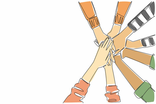 Continuous one line drawing 4 pairs with various sleeve models stacked on top of each other. Achieving results together. Great teamwork. Join Hands Day. Single line draw design vector illustration