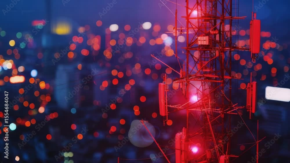 Poster a modern city landscape with a cell phone tower standing tall in the center, surrounded by urban dev
