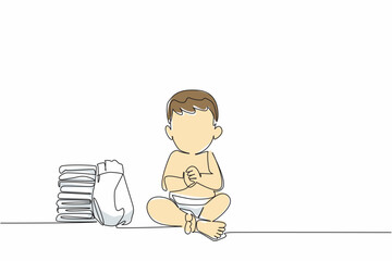 Single continuous line drawing baby boy sitting wearing diaper with pile of diapers. Cute little baby just finished bathing. Hygiene. Kids In Need Of Diapers Day. One line design vector illustration