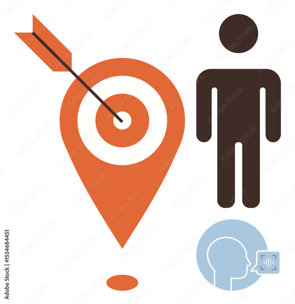 Poster person near target with arrow, speech bubble and head icon visualizing goal setting, communication, 