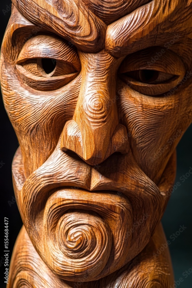 Poster carved wooden face with intense expression and swirling patterns.