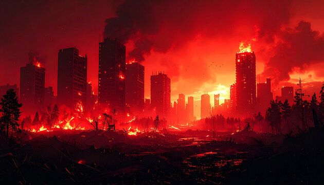 City Ablaze: An ominous depiction of urban destruction, with towering structures engulfed in raging flames against a blood-red sky, evokes feelings of chaos and devastation. - Powered by Adobe