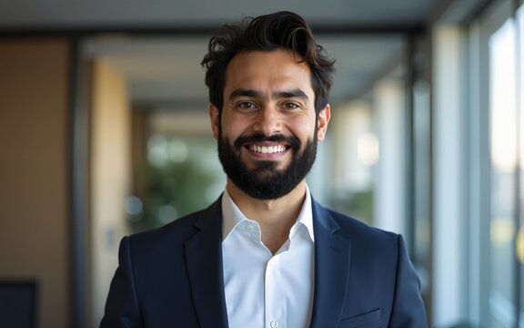 Happy smiling bearded indian business man small business owner, company leader or sales manager, male hispanic ceo executive, successful lawyer looking at camera standing in office, headshot portrait.