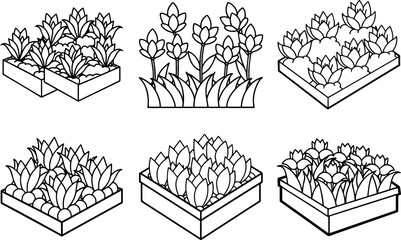 A Set of Flowerbeds black outline vector and illustration, coloring book page
