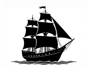 Pirate Ship Icon Vector – Simple Black Silhouette of a Classic Sailing Pirate Boat with Flags on White Background, Ideal for Adventure Graphics, Nautical Themes, Games, and Sea Voyage Design Projects