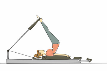 Single continuous line drawing woman posing on fitness equipment. Exercise to maintain body. Make it always healthy. Training. Adult women activities. Pilates Day. One line design vector illustration