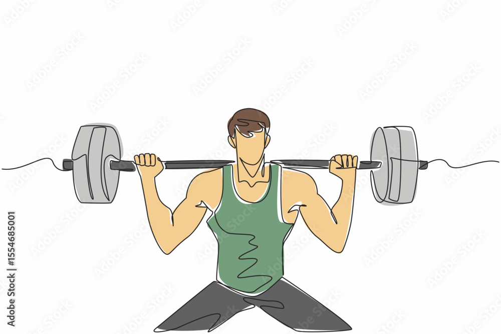 Poster continuous one line drawing man lifting a barbell on shoulders with both hands. lifting with the hel